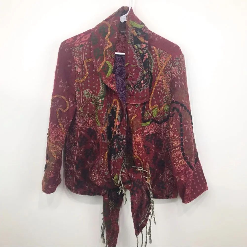 Multiples Colorful Embroidered and Patterned Asymmetrical Statement Jacket - Picture 2 of 16
